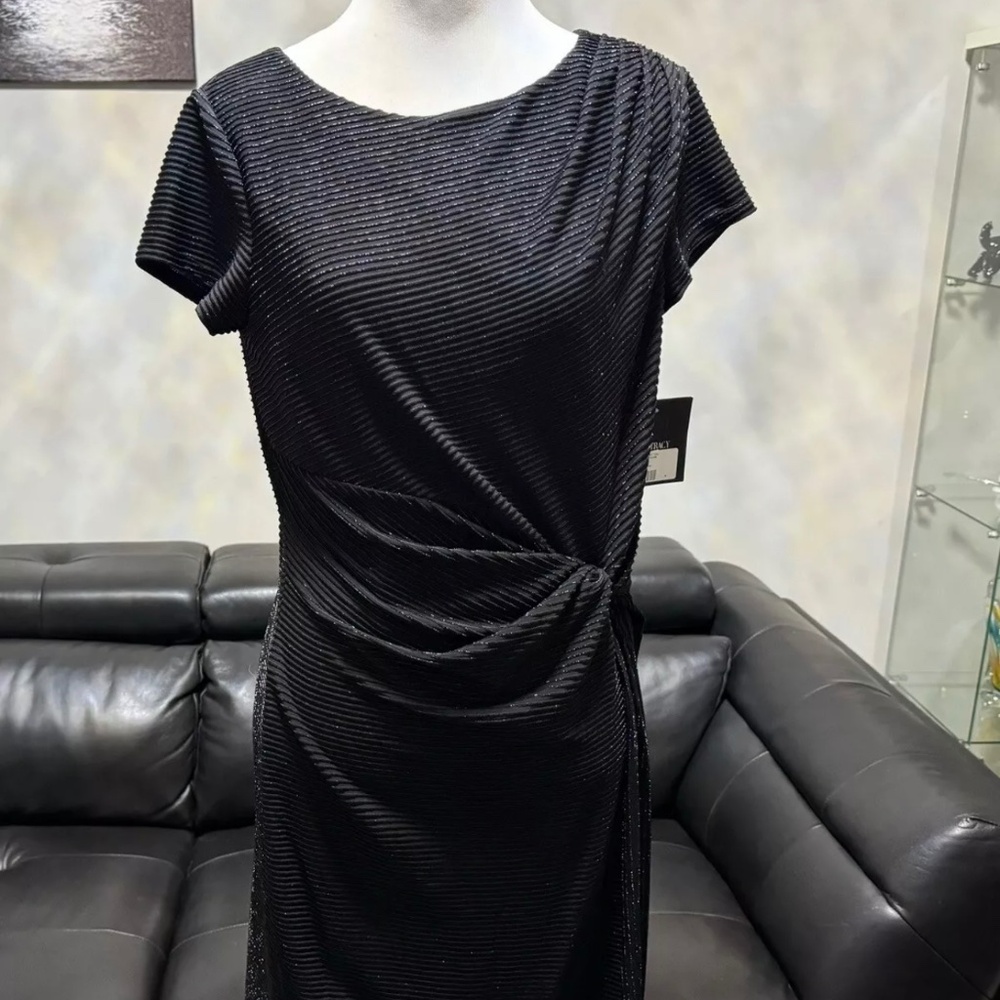 NWT ELLEN TRACY BLACK SILVER TWISTED FRONT SHEATH MIDI DRESS HOLIDAYS SIZE 4
